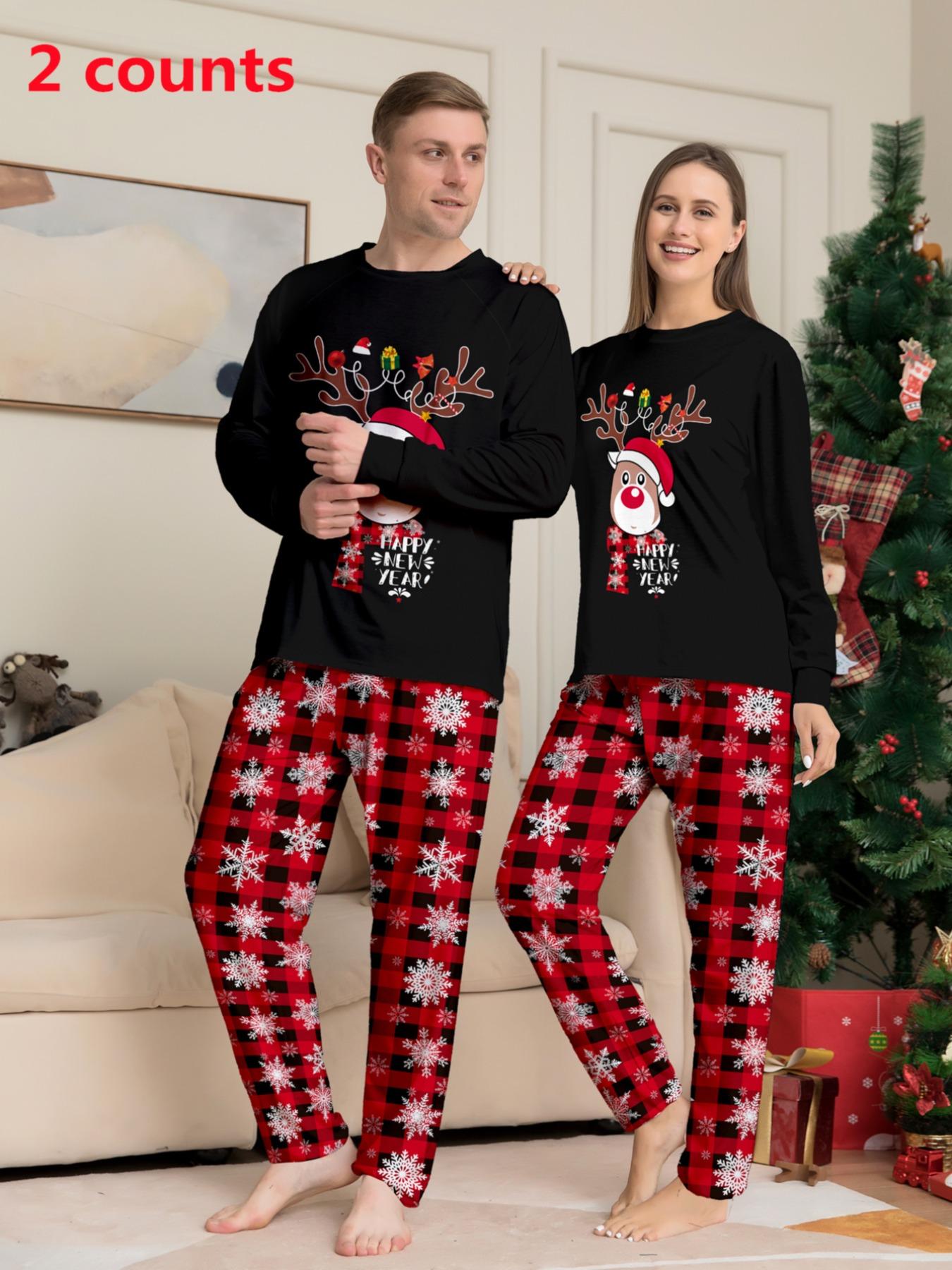 Couple's Christmas Themed Print Pajama Two-piece Set, Casual Comfy Long Sleeve Top & Elastic Waist Pants PJ Set, Men's Sleepwear for Spring & Fall, Loungewear