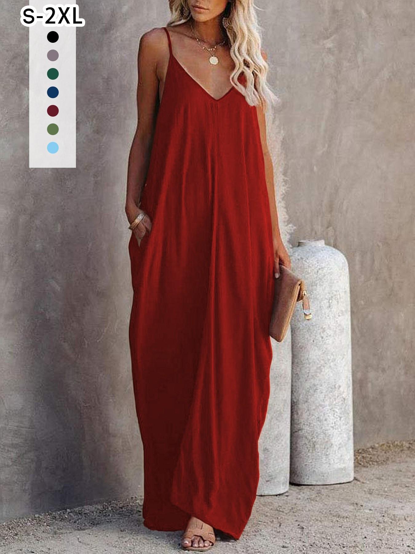 Women's Summer Casual Sleepwear Loungewear Slips Dress, Sleeveless V-Neck Long Dress with Side Pockets, Wearable Outdoors, 1 Piece Set