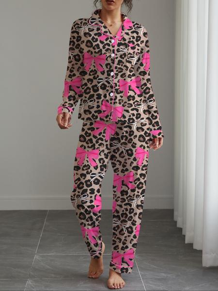 Women's Autumn Winter Pajama Set, Cute Bowknot Print, Holiday Party Sleepwear, Shirt Collar Button Long Sleeve Top & Elastic Pants, Pajamas For Adults