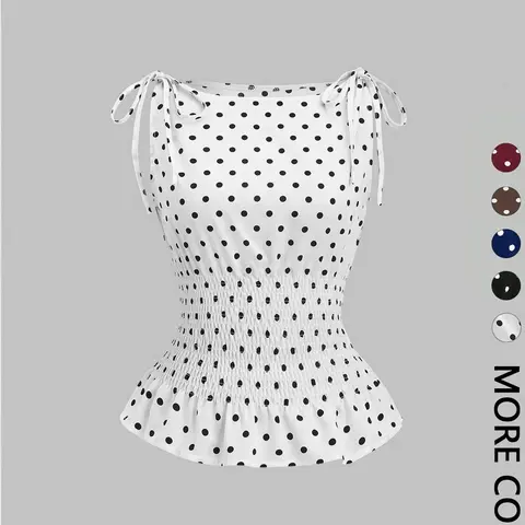 Women's Polka Dot Bow Shoulder Strap Gathered Waist Vest, Stylish Casual Summer Sleeveless Top for Everyday Wear, Comfortable and Trendy Design, Casual Chic Sleeveless