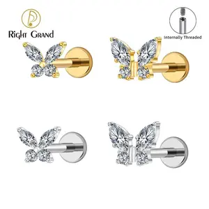 Right Grand ASTM F136 Titanium 16G Mini Butterfly CZ Labret Tragus Cartilage Conch Forward Helix Stud Nose Piercing Body Jewelry