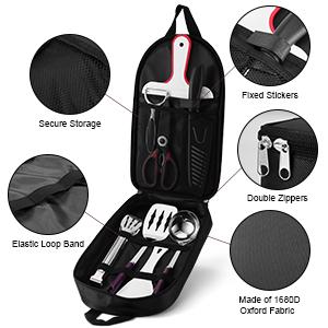Odoland 8 Pcs Camping Cookware Utensils Travel Set, Camp Kitchen Utensil Organizer with Tongs, Scissors, Cutting Board, Rice Paddle and Water Resistant Case for Backpacking, Outdoor Camping