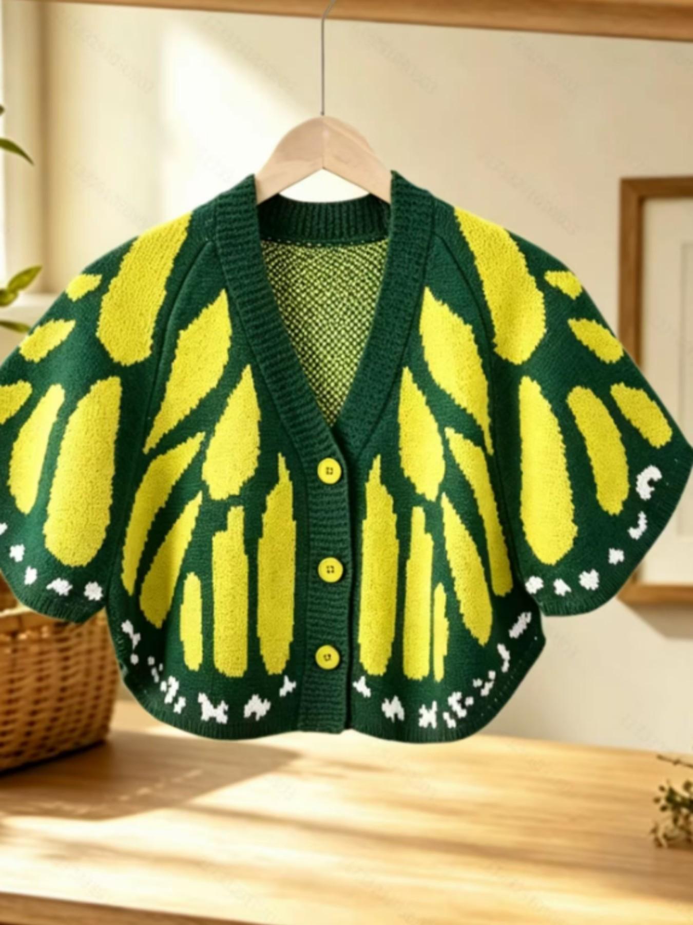 Women's Butterfly Wings Knit Cardigan, Autumn V-Neck Button Fashion Casual Style Sweater, Stylish and Comfortable Outerwear for Daily Wear