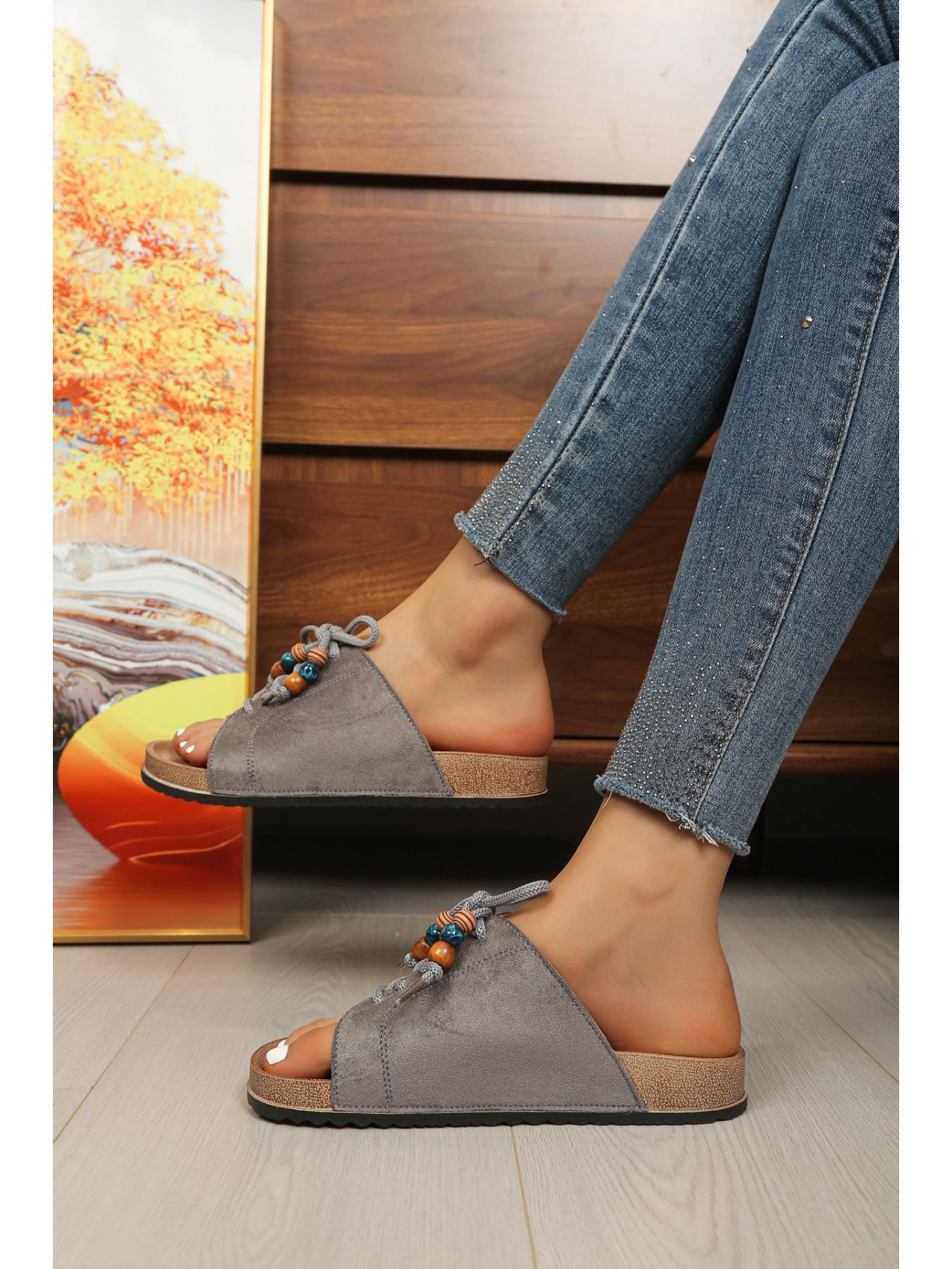 Women's Multi-Color Suede Cork Footbed Slides, Beaded Lace-Up Open Toe Mule Sandals, 2 Colors Available