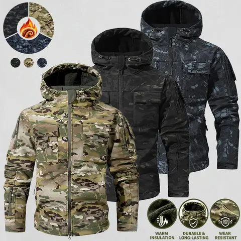 Mens Camouflage Hooded Fleece-Lined Jacket - Menswear Mens Clothing Tops with Adjustable Drawstring Hood, Full-Zipper Placket, Multi-Pocket Design, Multiple Camo Colors, Ideal for Outdoor Mountaineering, Daily Casual