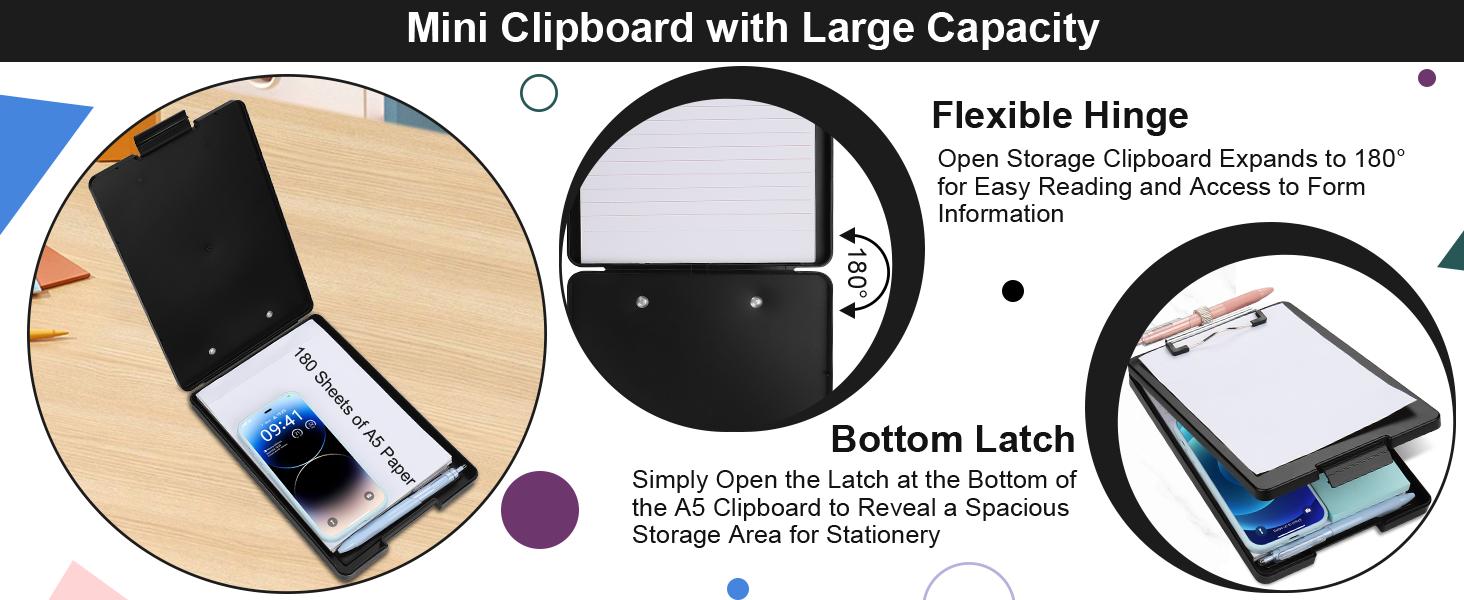 Small Clipboard with Storage, A5 Clipboards with Pen Holder, Half Letter Clip Boards 6x9 Mini Plastic Clipboard with Low Profile Clip for Classroom, School, Office Supplies (Black)
