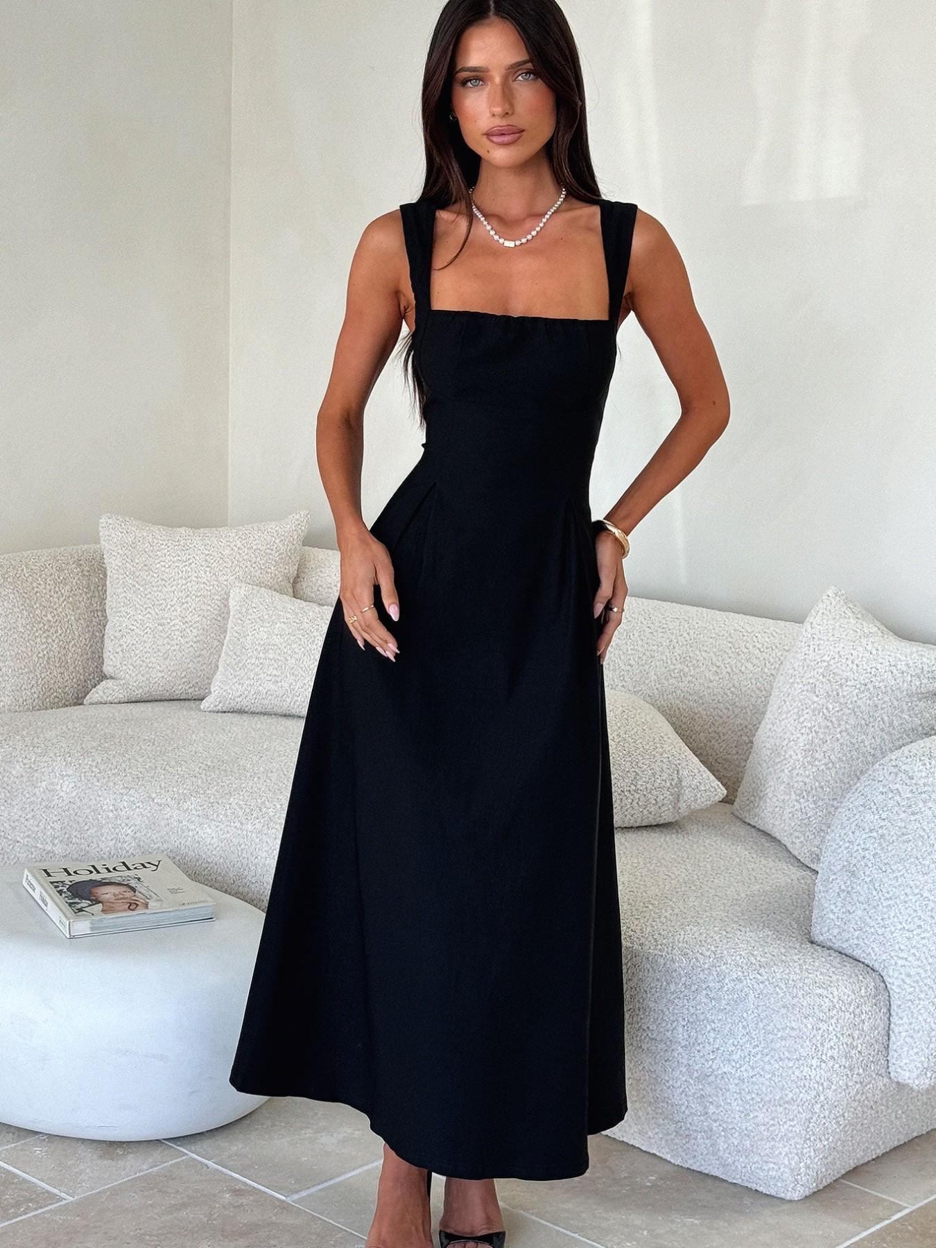 Elegant Vintage Square Neck Back Tie Strap Dress, Sleeveless Fitted Midi Dress, Casual Plain Style Day Evening, Women's Fashion Clothing, Casual Wear, Womenswear