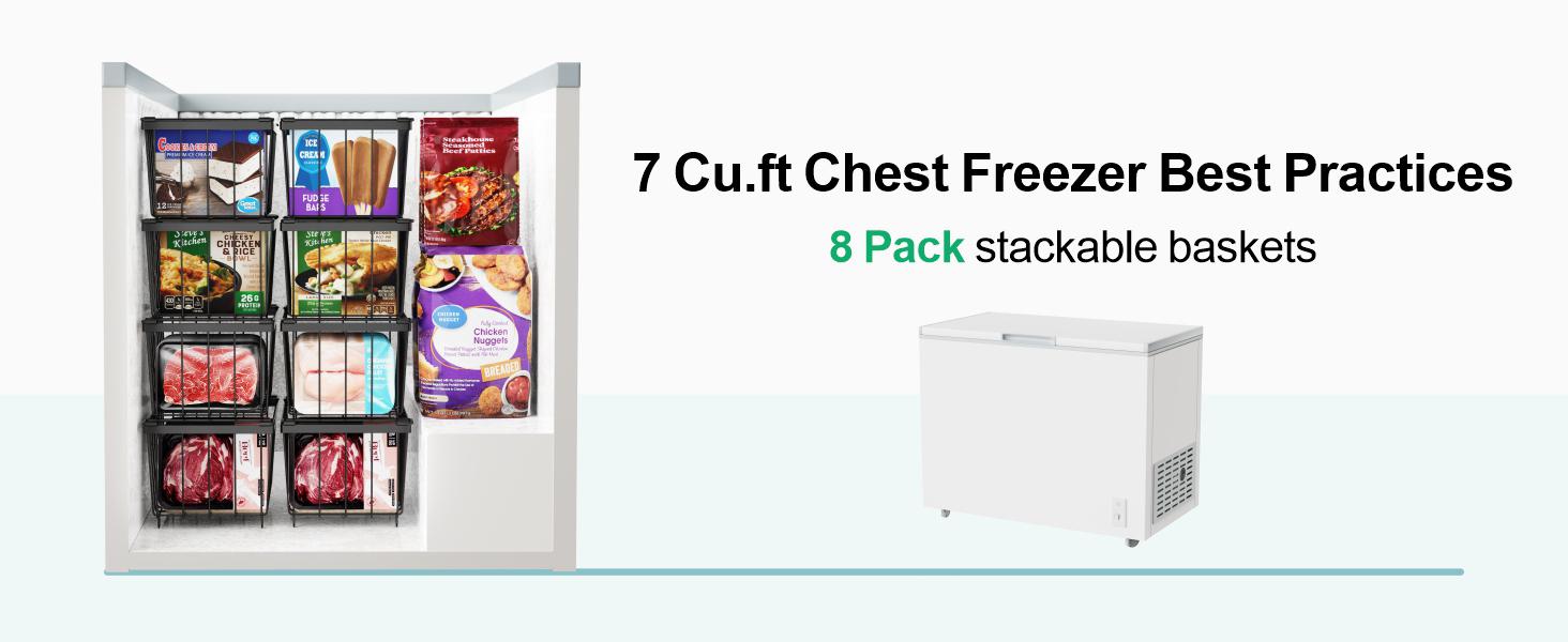8 Pack Freezer Organizer Bins - Stackable Chest Freezer Organizer for 7 Cu.FT Deep Freezer Sort Frozen Meats, Deep Freezer Organizer Bins with Handle Easy to Get Food from Bottom, Rectangular Kitchen Containers for Utensils, Black