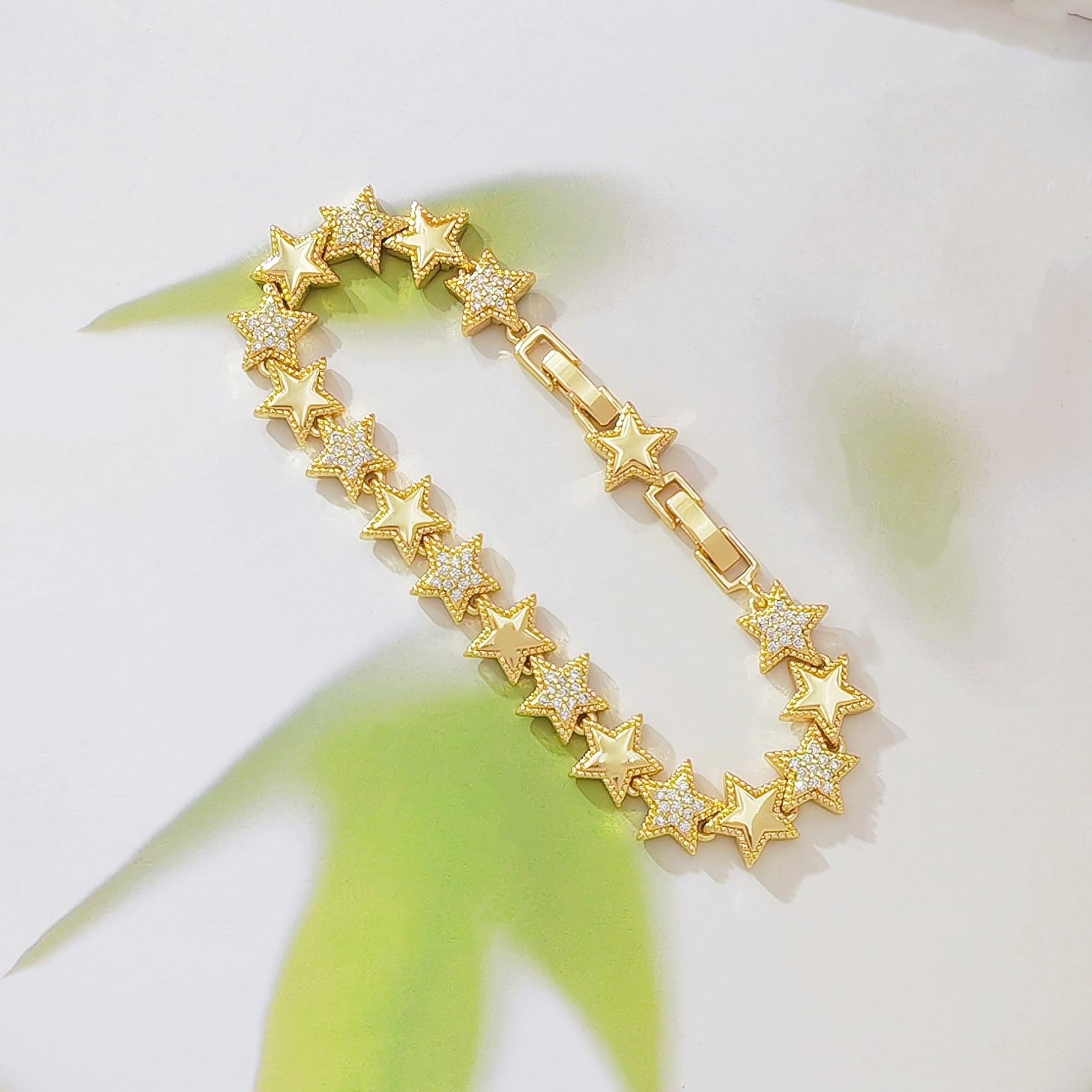 Women's 18 Karat Gold-Plated Star Tennis Bracelet, Dainty Sparkling Cubic Zirconia Link Chain, Celestial Eternity Jewelry, Elegant Wedding Charm, 7.48 in Birthday Christmas Gift for Her