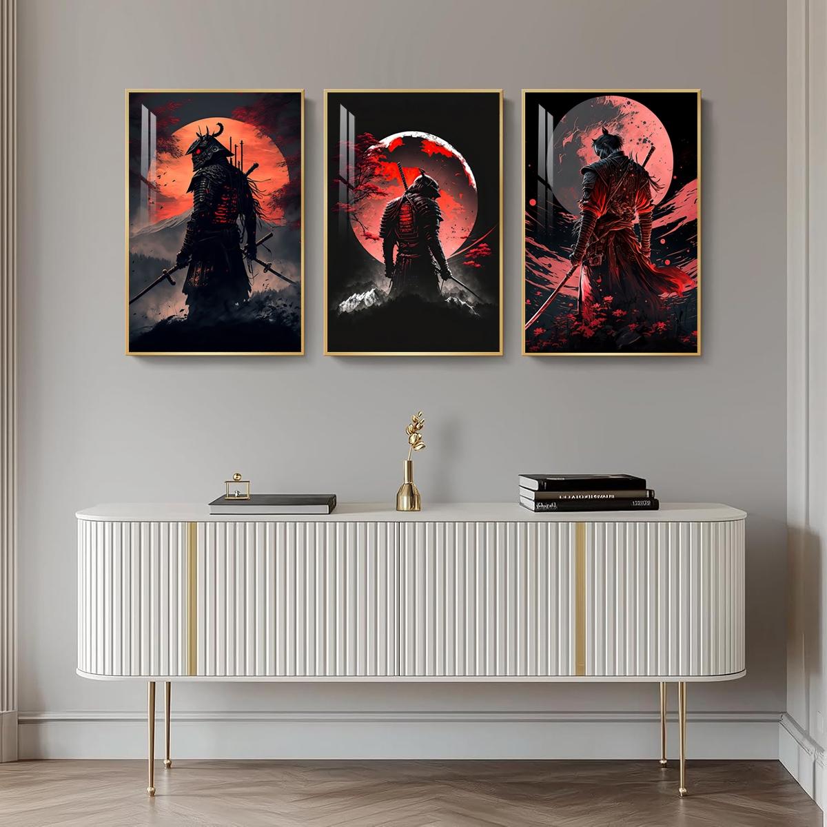 3 Counts Aluminum Alloy Framed Painting, Samurai Warriors Under Red Moon Artwork, Home Decoration For Living Room, Bedroom, Office, Restaurant, Hallway Wall Decor, Odorless Print Artwork, Luxury Perfect Gift For Friends And Family
