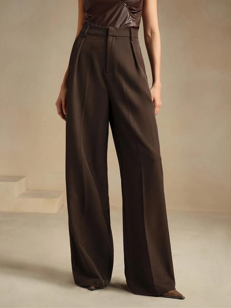 Women's Solid Color Wide Leg Pants, Elegant Fashion Casual Trousers for Work Office Business, Ladies Bottoms for All Seasons