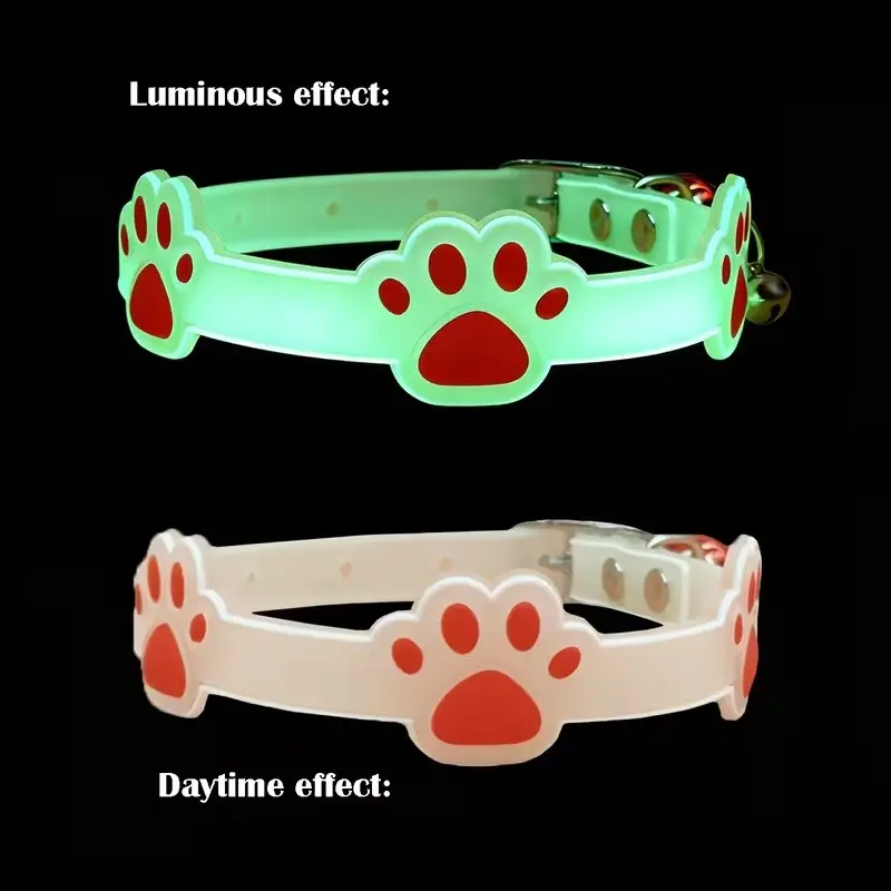 2-Pack Glow-In-The-Dark Pet Collars, Paw Print Design, Safety Bell for Cats and Small Dogs, Random Colors, Nighttime Anti-Loss