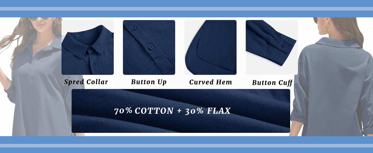 Tankaneo Womens Cotton Linen Tunic Shirts Button Down Long Sleeve Blouse Tops Beach Cover Up