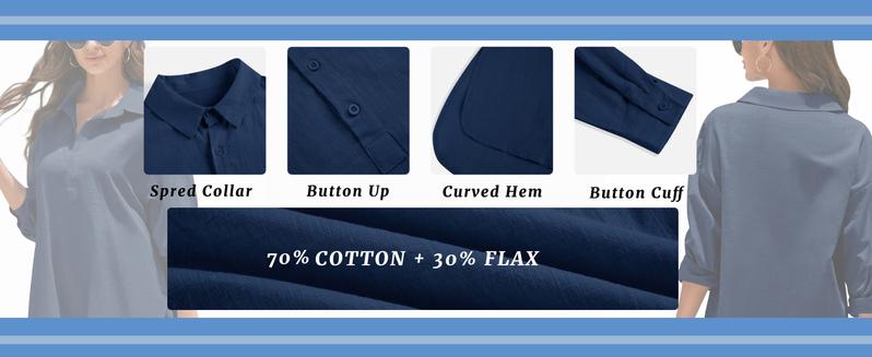 Tankaneo Womens Cotton Linen Tunic Shirts Button Down Long Sleeve Blouse Tops Beach Cover Up