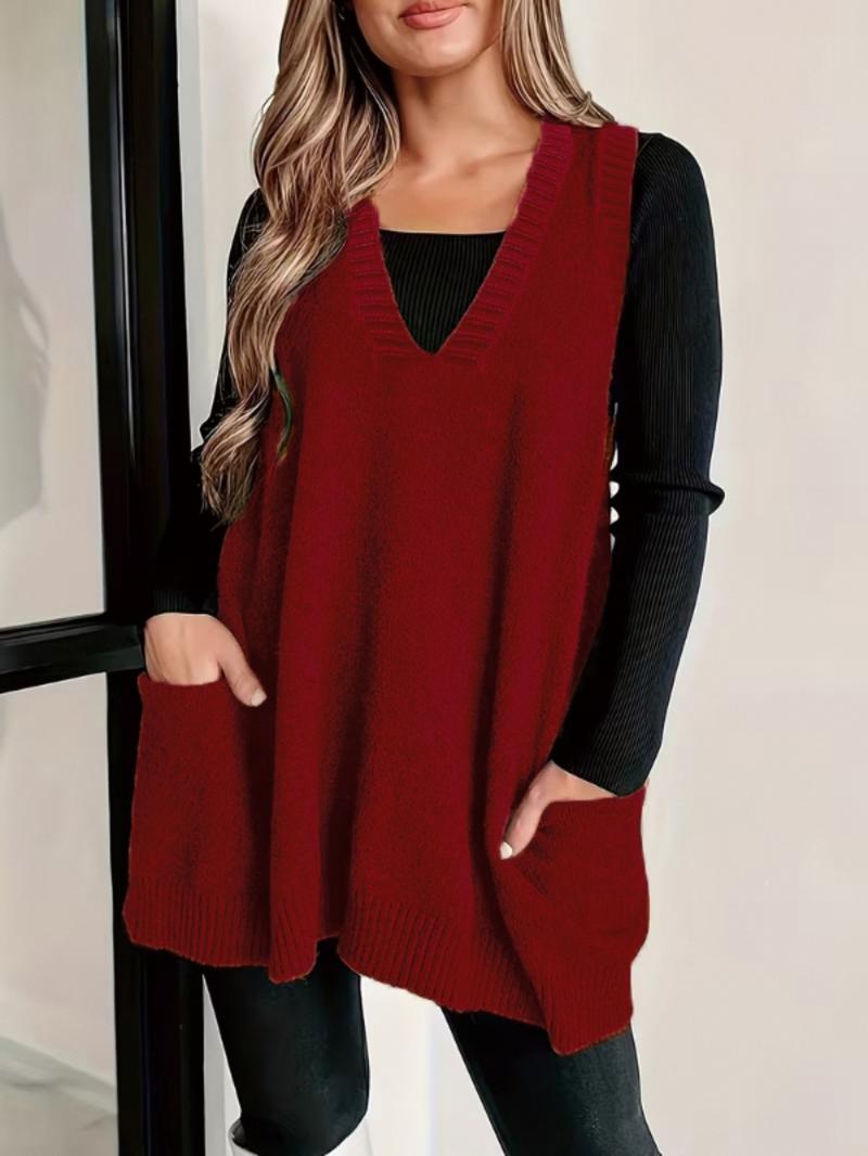 Plus Size Solid Color V Neck Sweater Vest, Casual Sleeveless Knit Top for Daily Wear, Women's Plus Clothing for All Seasons