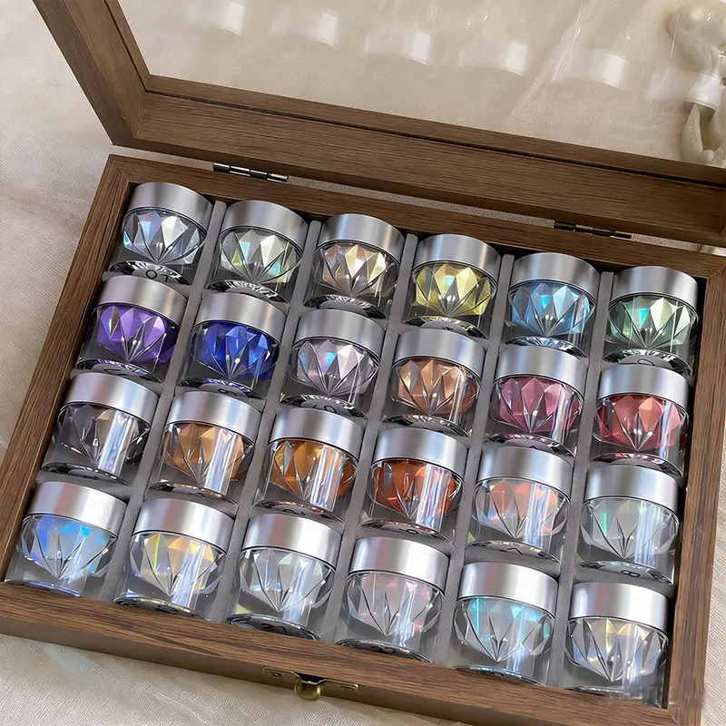 Trending ins aurora mirror chrome nail glitter kit with popular iridescent shades. Ultra-fine adherent powder for sheer aurora or bold metal mirror effect, easy DIY supplies for home manicures and salon premium nail styling.