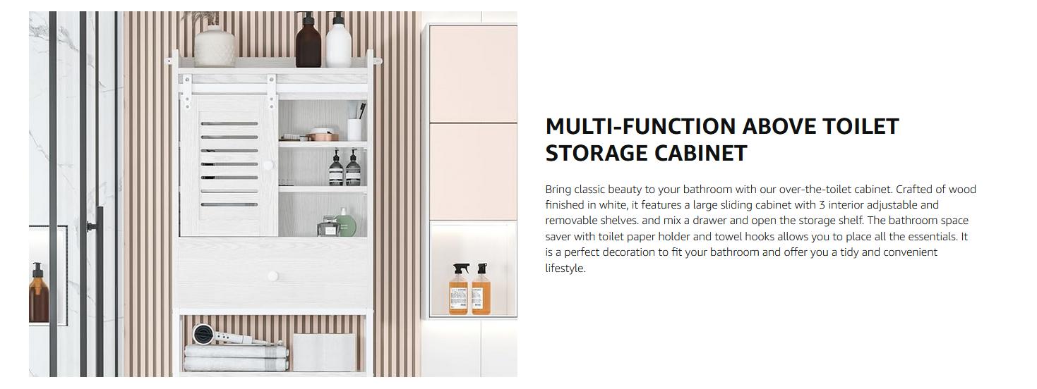 IRONCK Over The Toilet Storage Cabinet with Double Doors, 4 Tier Bathroom Organizer Rack Space Saver with Paper Holder for Bathroom, Laundry, White Modern Design