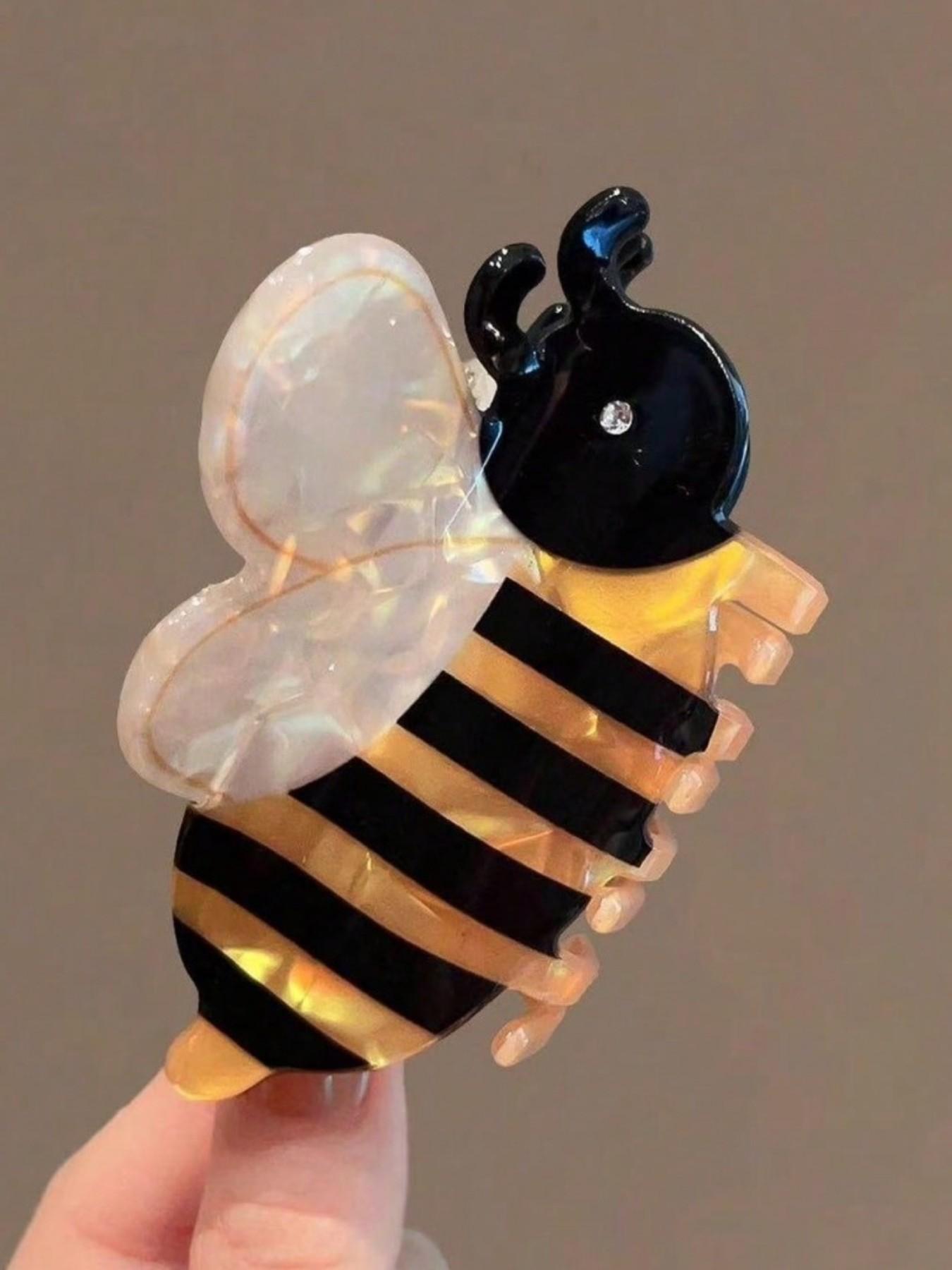 Women's Cute Cartoon Bee Hair Clip, Acrylic Rhinestone Decor, Half-Up Ponytail Shark Clip, Sweet Heart Hair Accessory