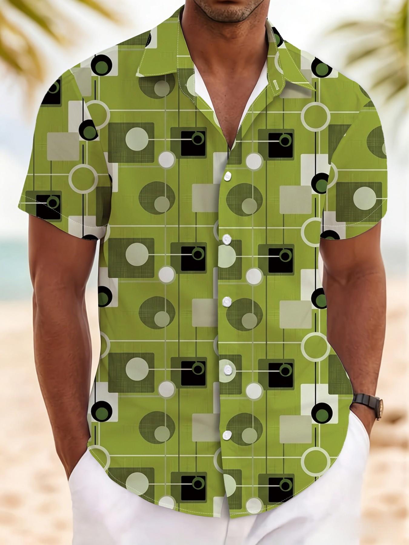 New Summer Men's Short Sleeve Shirt, Vintage Geometric Pattern, Casual Breathable Beach Holiday Hawaiian Shirt, Slim-Fitting