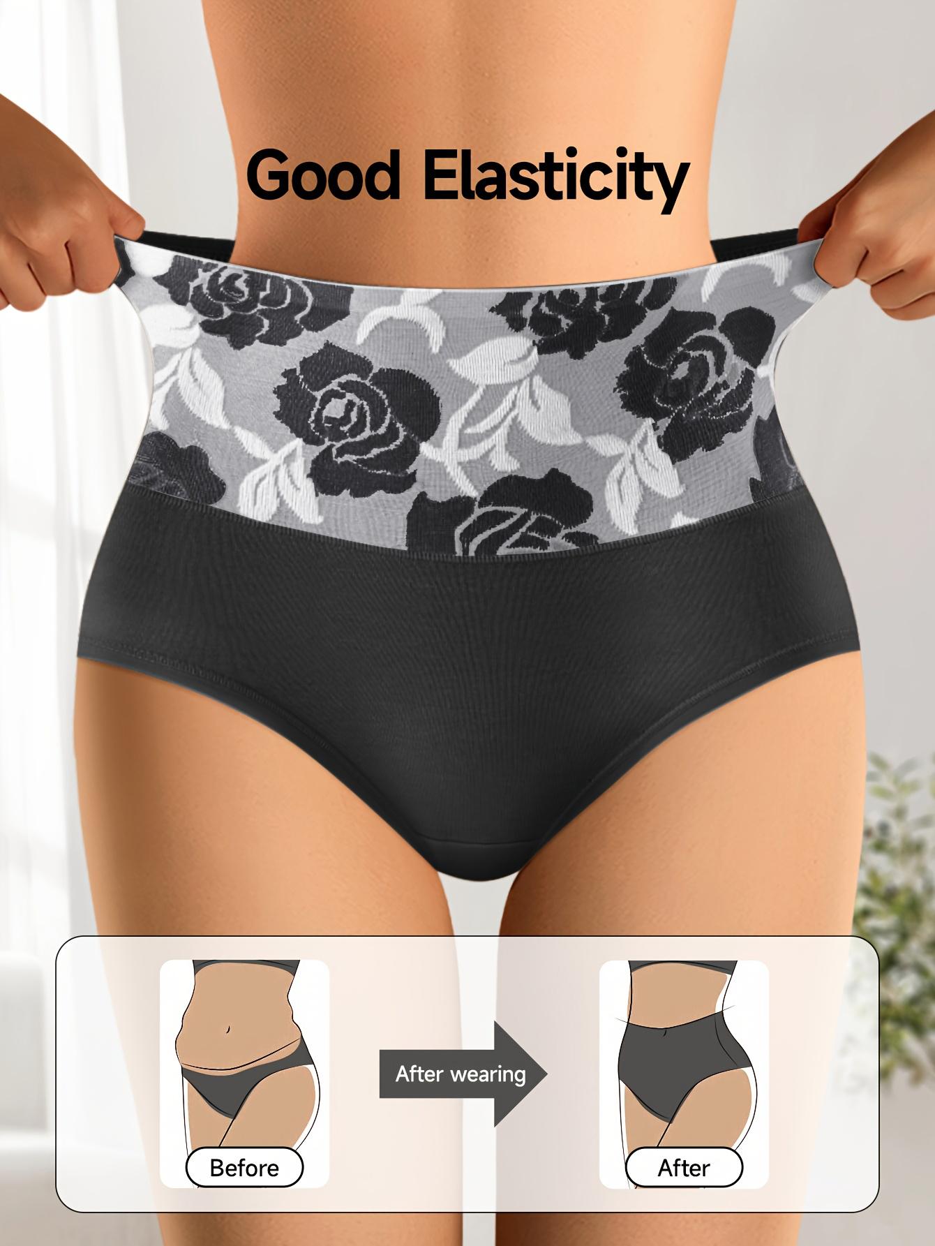 QUASTI 6 Pack High Waist Colorblocking Cotton Women's Briefs with Printed Design,High Elasticity Tummy Control Hip Lifting Elegant Underwear,Flower Power Panties,Soft Comfortable Womenswear Mixed Color,Fashionable Elegant Women's Panty,S-XXL