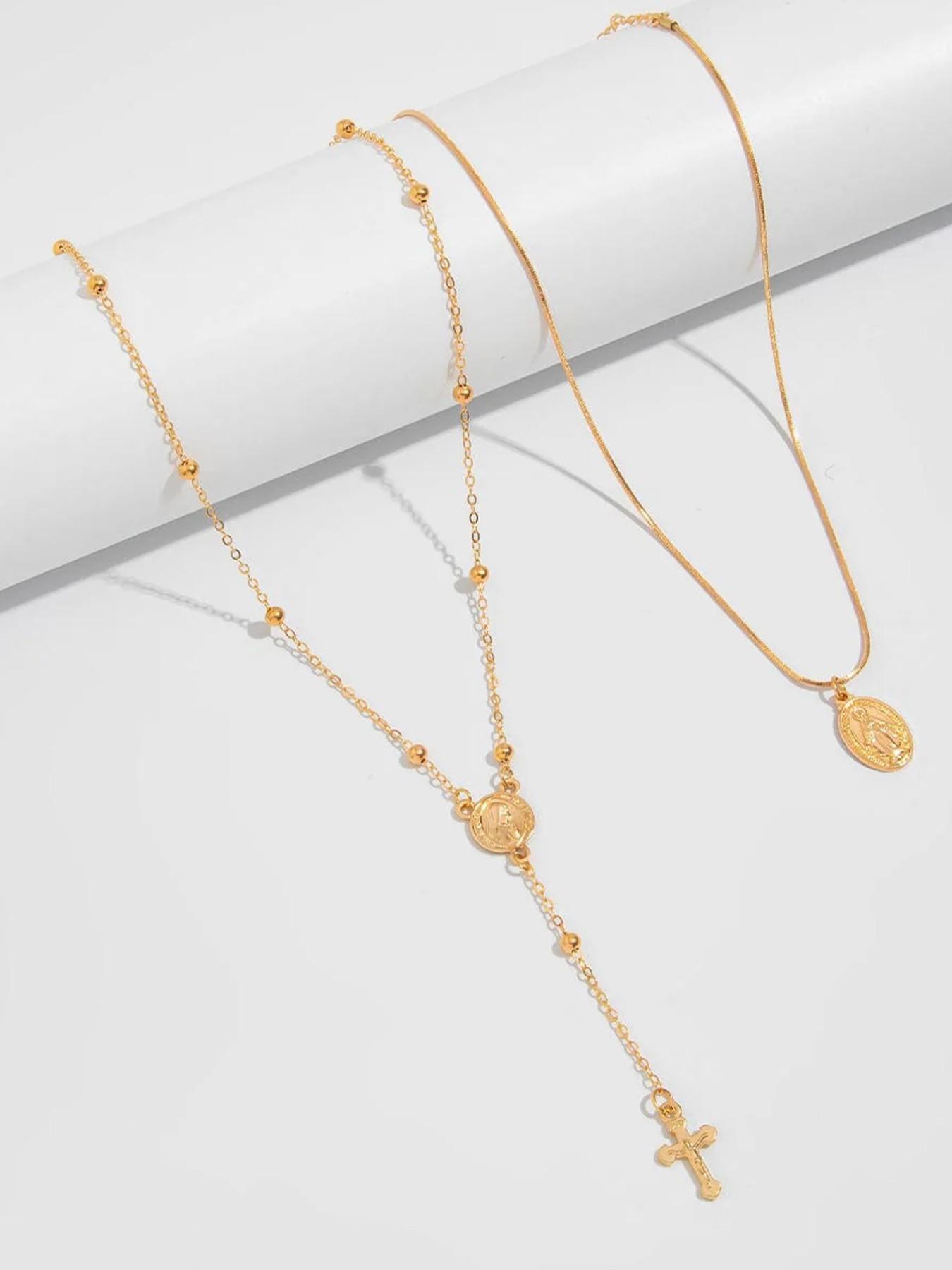 Pattern Disk Cross Pendant Saturn Chain Y Necklace Set 2pc, Elegant Jewelry Gift for Women, Unique Design Fashion Accessory