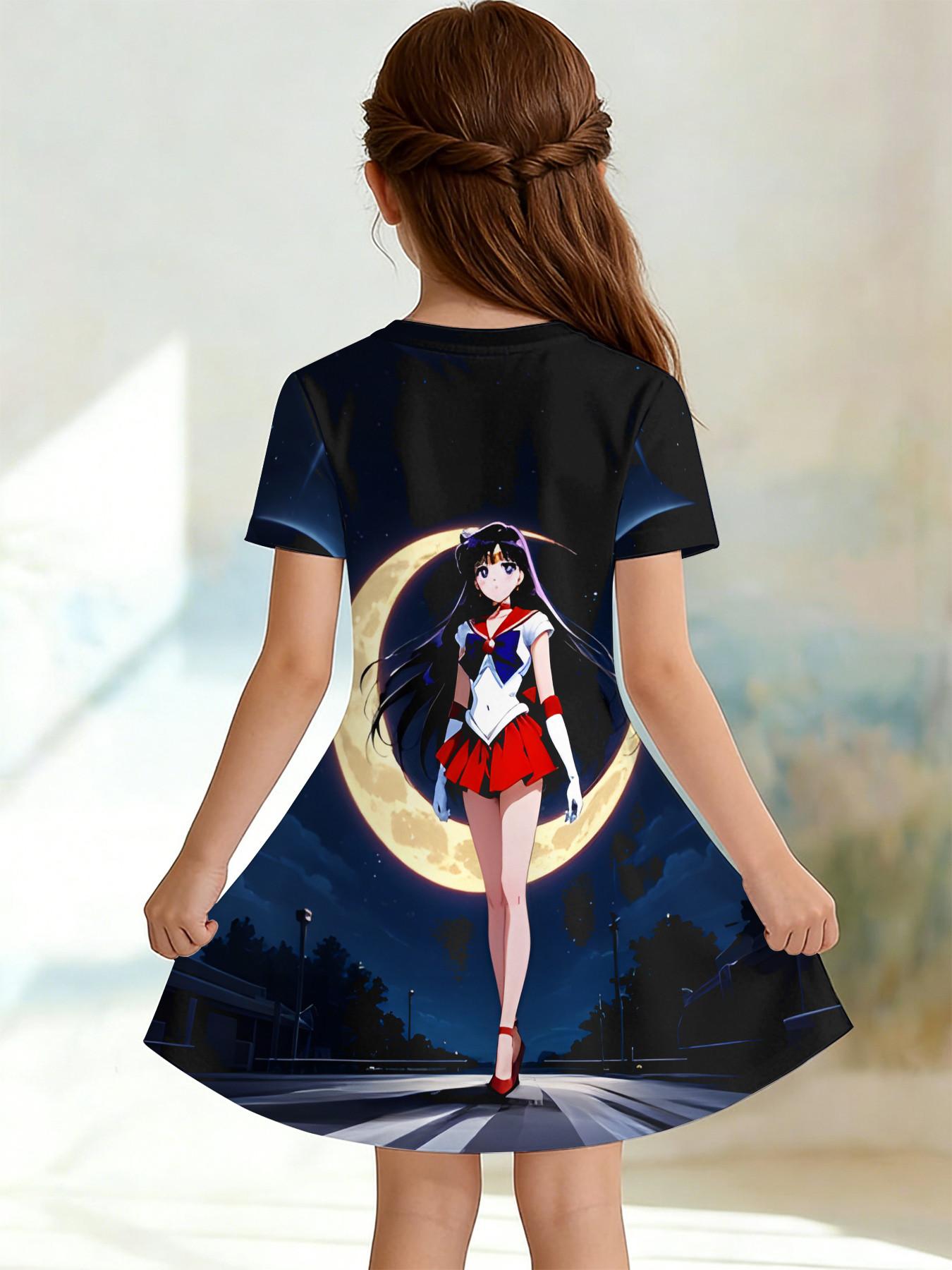 Girls' 3D Short Sleeve Dress, Sailor Moon Mars Full Moon Print, Perfect for Parties, Festive Gifts, Birthday Presents