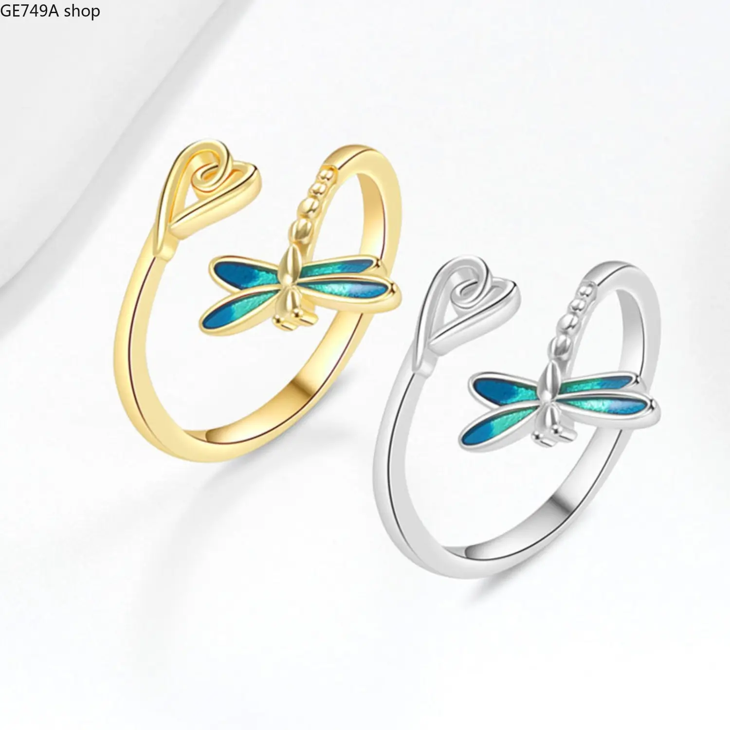 Women's Alloy Metal Minimalist Dragonfly Motif Adjustable Open Rings - Enamel Heart Statement Female Rings, Sweet Cute Birthday Promise Gift for Daily Office Use