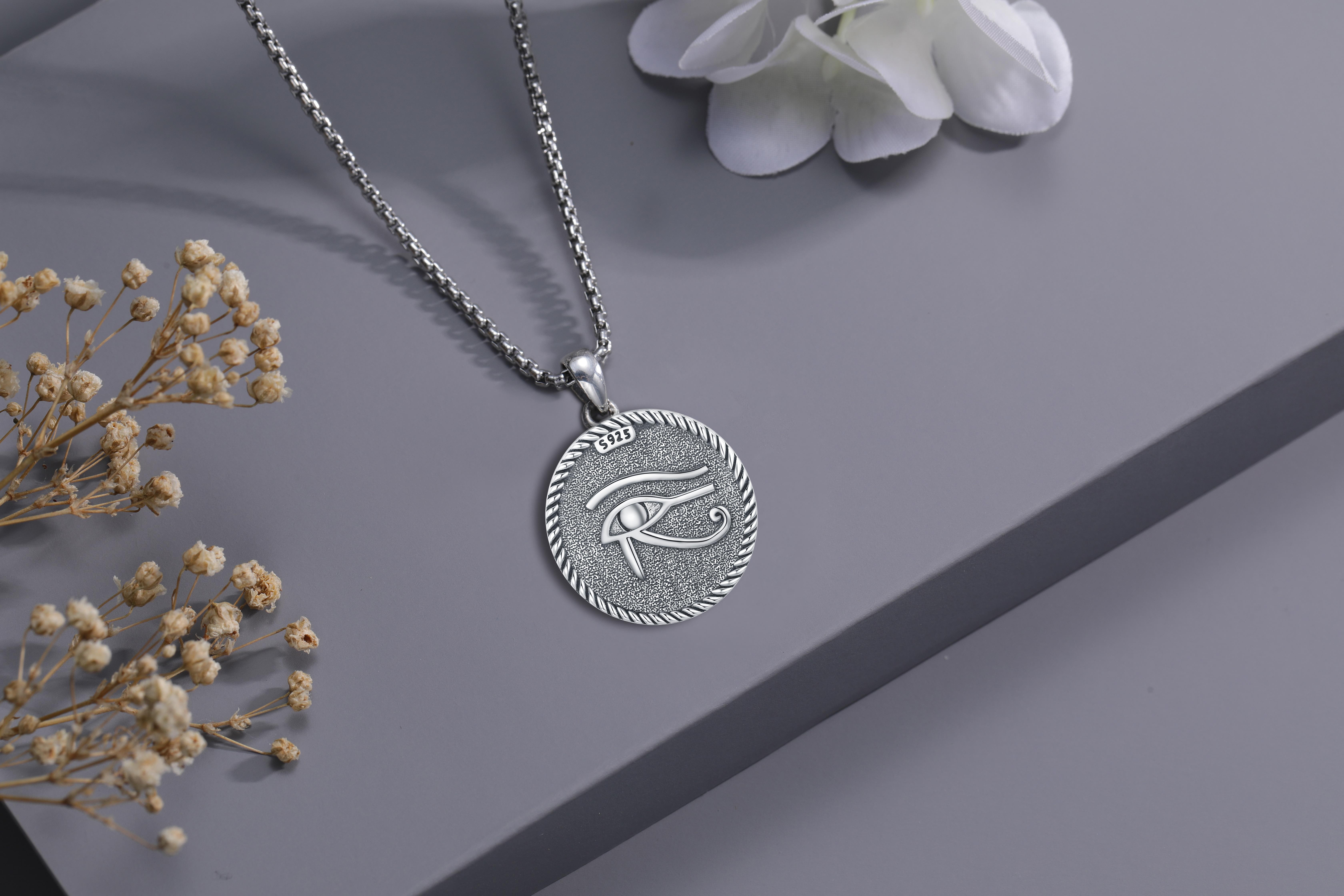 DRINSPER S925 Maat Necklace & Eye of Horus 925 Sterling Silver Pendant Goddess of Order Egyptian Mythology Pagan Jewelry