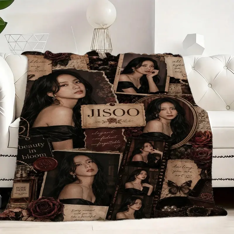 1Pcs Jisoo Vintage Collage Fleece Blanket, Dark Romantic Floral Photo Throw for K-pop Fans, Cozy Bedroom Living Room Decor