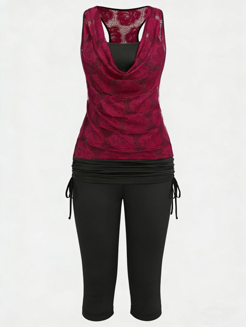 Women’s 2026 Spring New Fashion Two-Piece Set, Slim-Fitting Floral Lace-Panel Sleeveless Top and Shorts, Stylish Casual