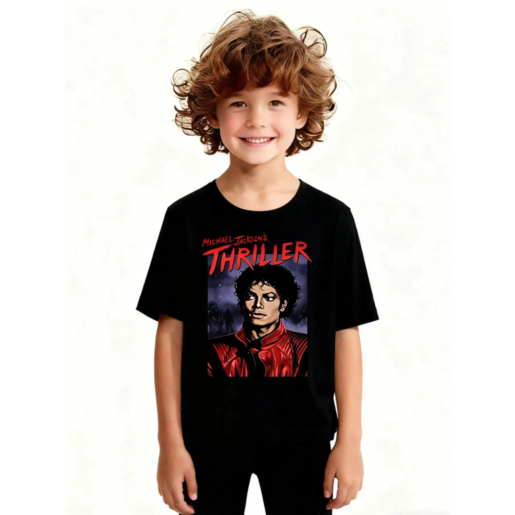 Kids Michael Jackson Thriller Graphic T-Shirt, King of Pop Cartoon Portrait Youth Cotton Short Sleeve Tee, Boys Girls Casual Everyday Aesthetic Shirt, Retro Music Fan Children Gift Tee