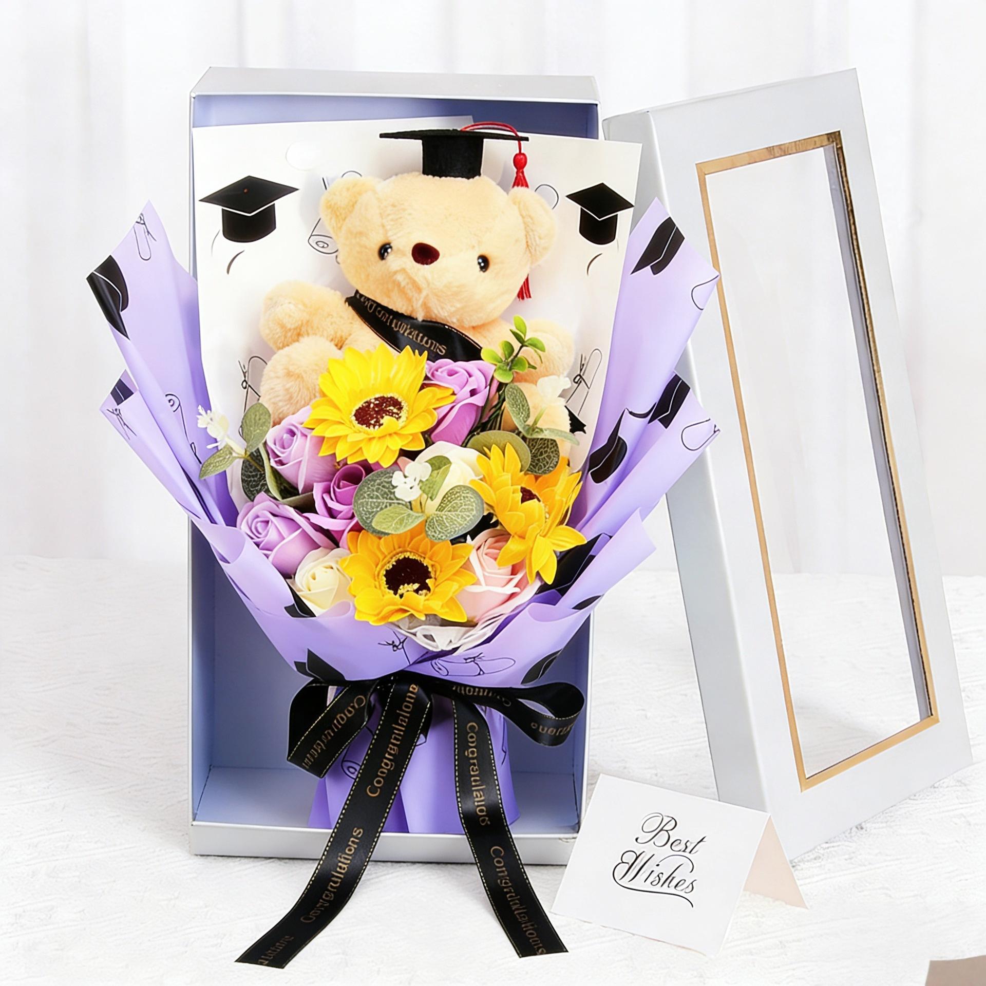 Graduation Teddy Bear Bouquet with Sunflower Soap Flowers, PhD Bear Plush Stuffed Animal in Window Gift Box, Artificial Floral Arrangement, Class of 2026 Gift for Friend