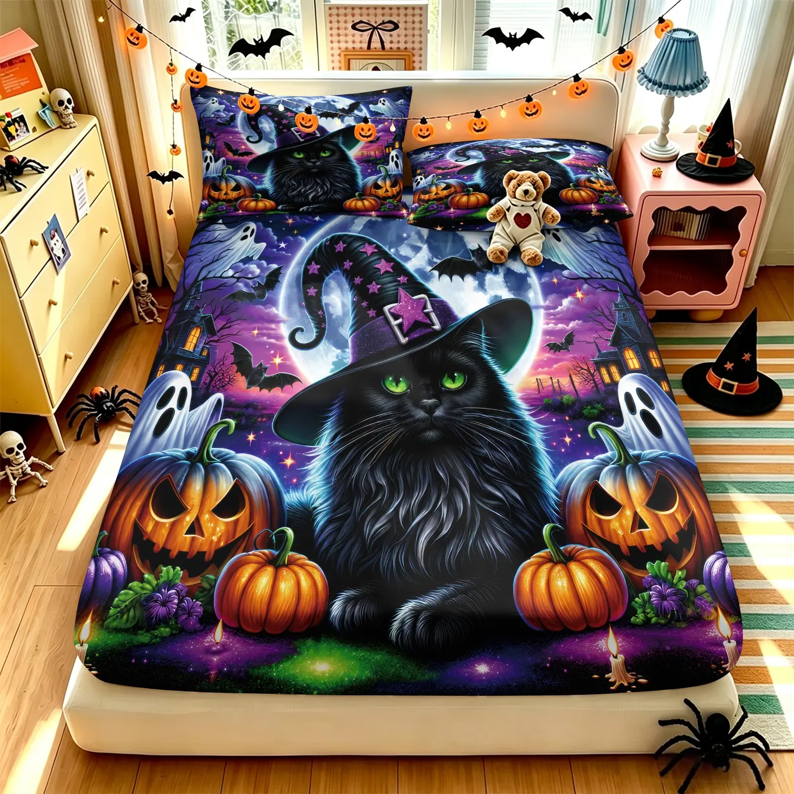 Halloween Black Cat Witch Print Fitted Sheet Set, Soft Microfiber Bed Sheets Set, Gothic Holiday Bedding Set, Spooky Decor Gift for Goth Teens & Adults Bedroom Dorm, 1 Fitted Sheet & 2 Pillowcase, Polyester Microfiber Bedding, No Filling