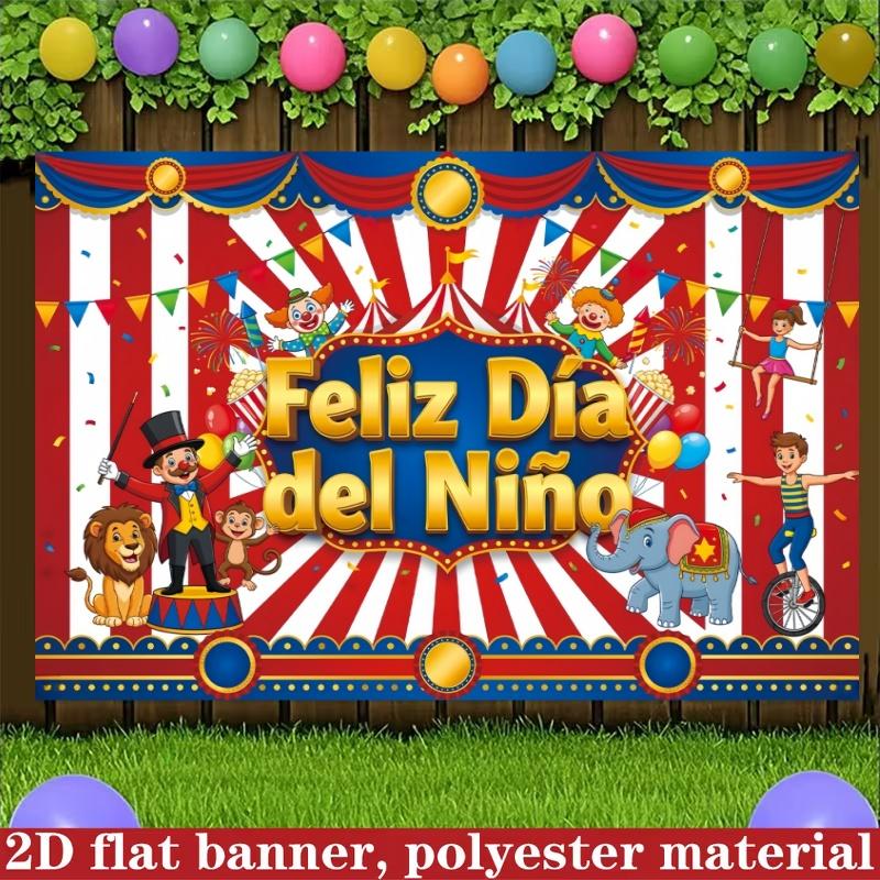 2D Flat Banner, Spanish 'feliz Día Del Niño,' Polyester, Circus Theme, Home Wall Outdoor Garden Party Decor, Large Garage Party Banner