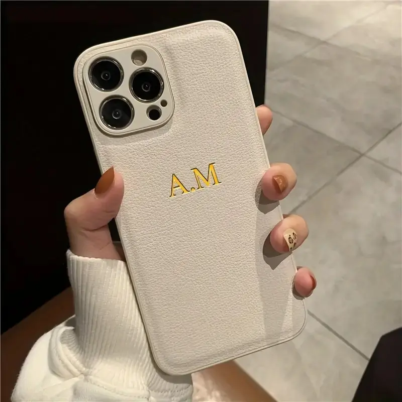 Phone Case: Personalized Phone Case for iPhone 16 15 14 13 12 11 Pro Max 15 14 Plus Customized Name Initials Letters 3D Embossed Engraved Golden Hot Stamping Process Luxury INS Korea Litchi Pattern Synthetic Leather Case for iPhone 16 15 14 13 12 11