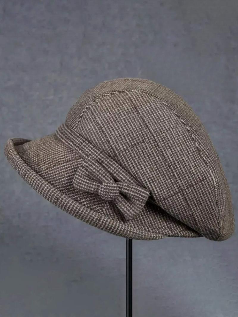 Women's Elegant Plaid Pattern Bow Decor Beret, Casual Trendy Matching Hats for Fall & Winter, Fashion Accessories for Women & Girls