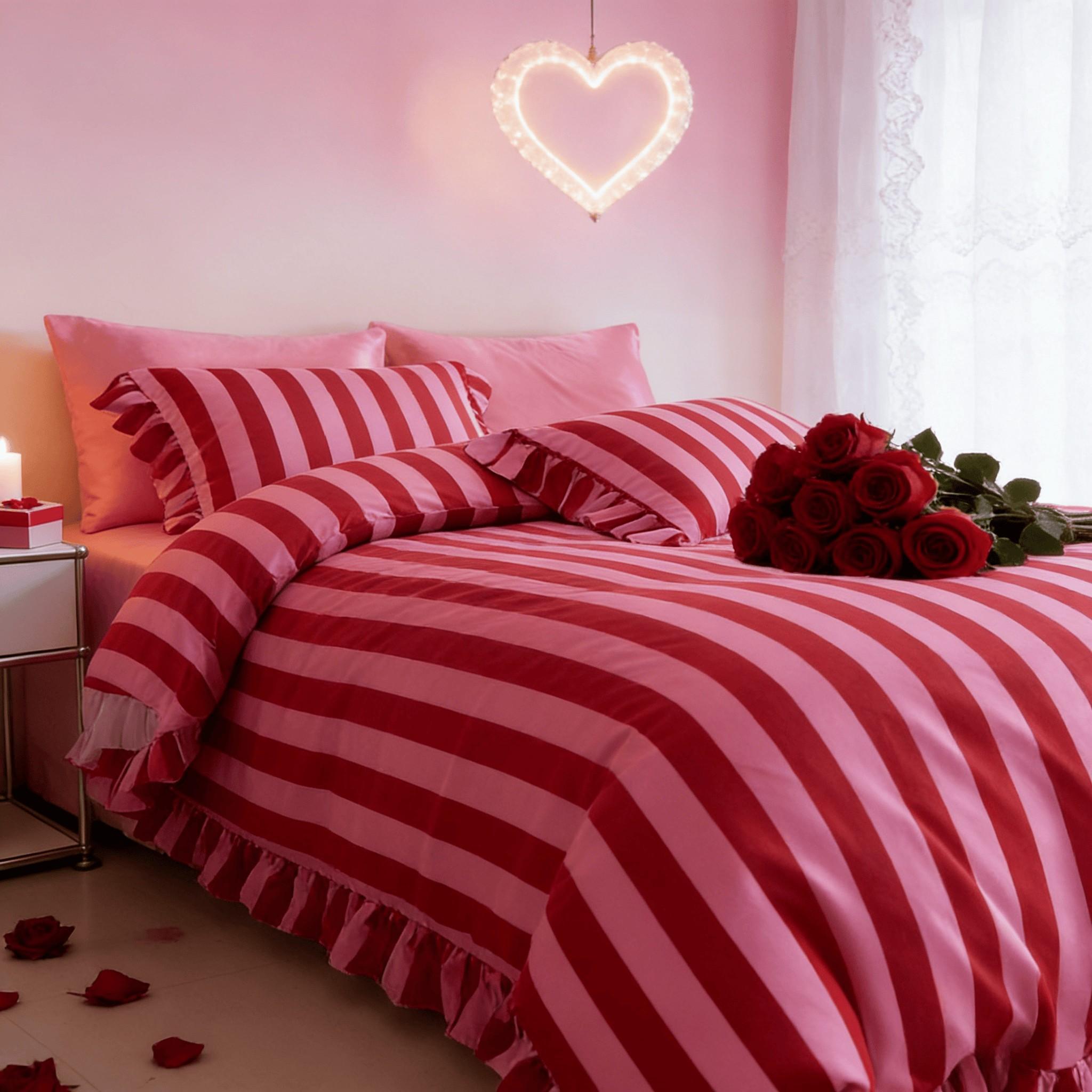 Striped Print Ruffled Soft Bedding Set, Includes 1 Duvet Cover + 2 Pillowcases, Inserts Not Included Stylish Cozy Bedding for Couple Bedroom, Ideal Valentine's Day Gift