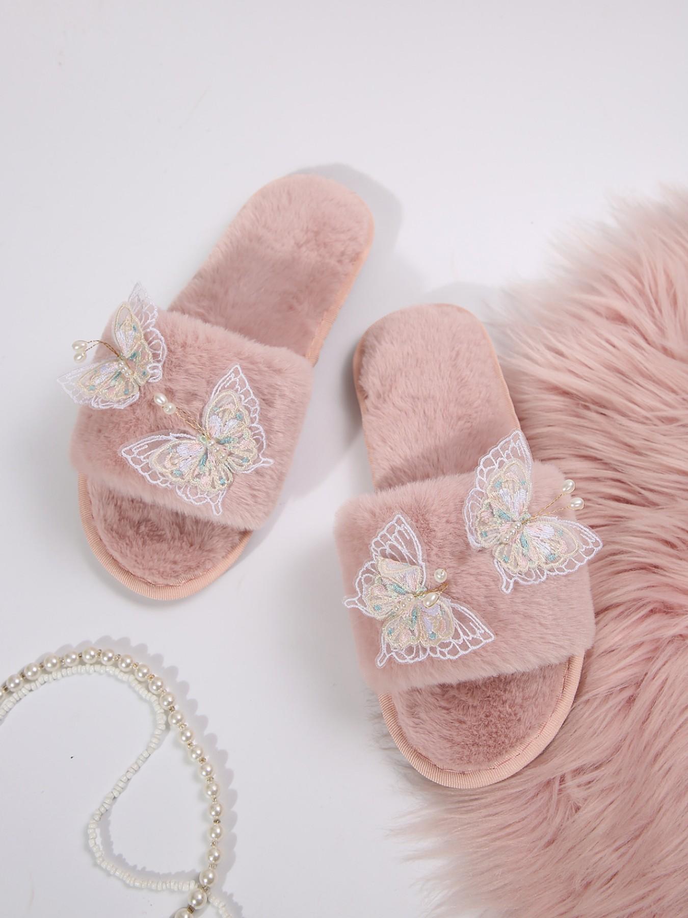 Fashion Soft Sole Comfortable Slippers, Butterfly Decoration, Indoor & Outdoor, Textile Upper, Casual Style, Multi-Functional Shoe