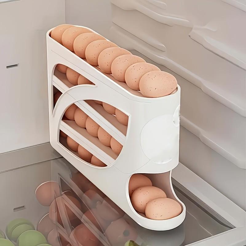 4 Layer Rolling Egg Rack, Space Saving Side Door Design, Holds 30 Eggs, Smooth Finish, Convenient Handle, Kitchen and Fridge Storage