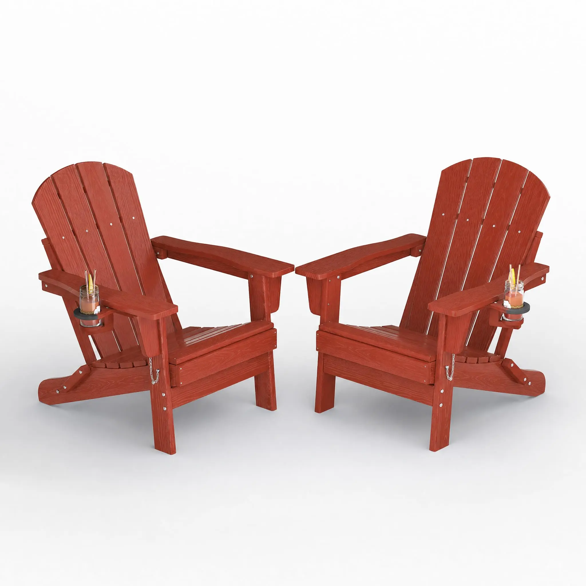 HDPE Folding Adirondack Chair Set of 2 with Cup Holder – All-Weather Outdoor Patio Chair, Wood Texture for Patio, Deck, Garden & Fire Pit