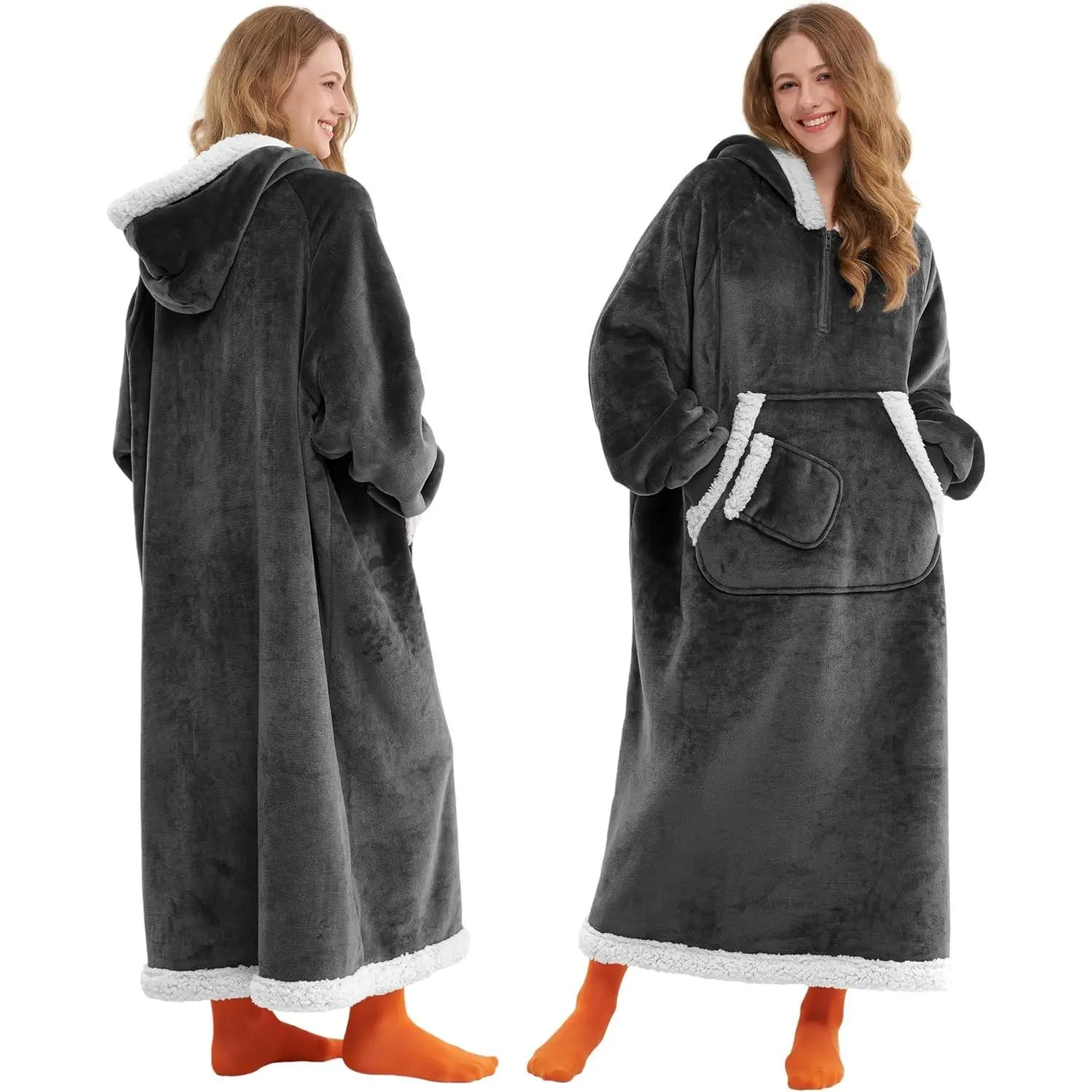 Wearable Blanket Hoodie for Women Men Gifts for Women Mom Wife Sherpa Fleece Long Hooded Blanket Sweatshirt Cozy Sherpa Wearable Throw with Pocket & Sleeves for Adult Standard Dark Grey