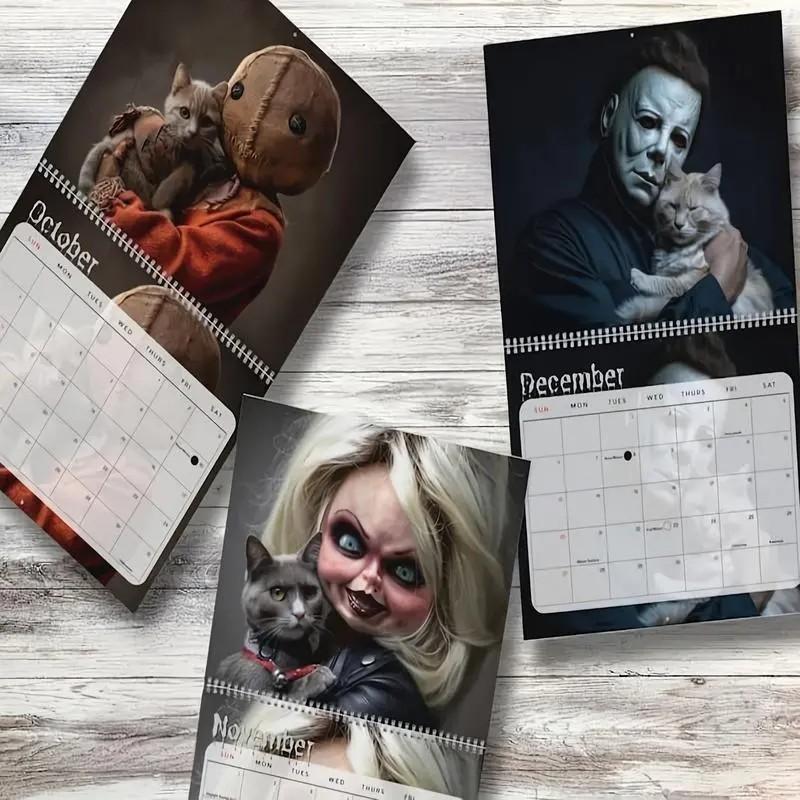 2026 Horror Cat Calendar, Funny Horror Movie Villains and Kitties Wall Planner, 12-Month Scary Cute Home Decor, Fun Gift for Film Lovers