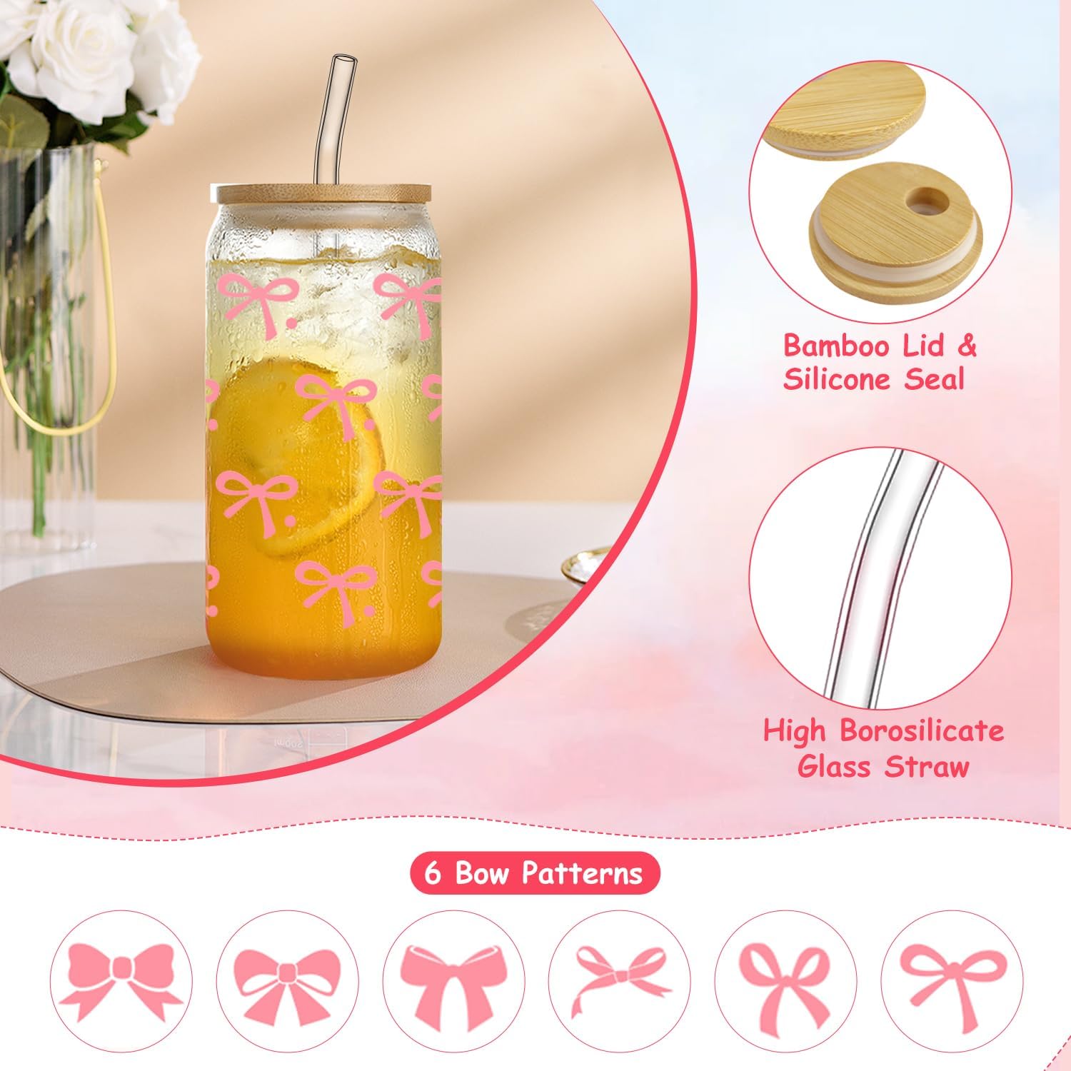 Pink Bow Glass Cups with Lids and Straws, 6 Set 16 OZ Coquette Bow Aesthetic Glass Reusable Iced Coffee Cup Smoothie Tumbler with Bamboo Lid, Reusable Straw & Cleaning Brush for Girls Women Sister