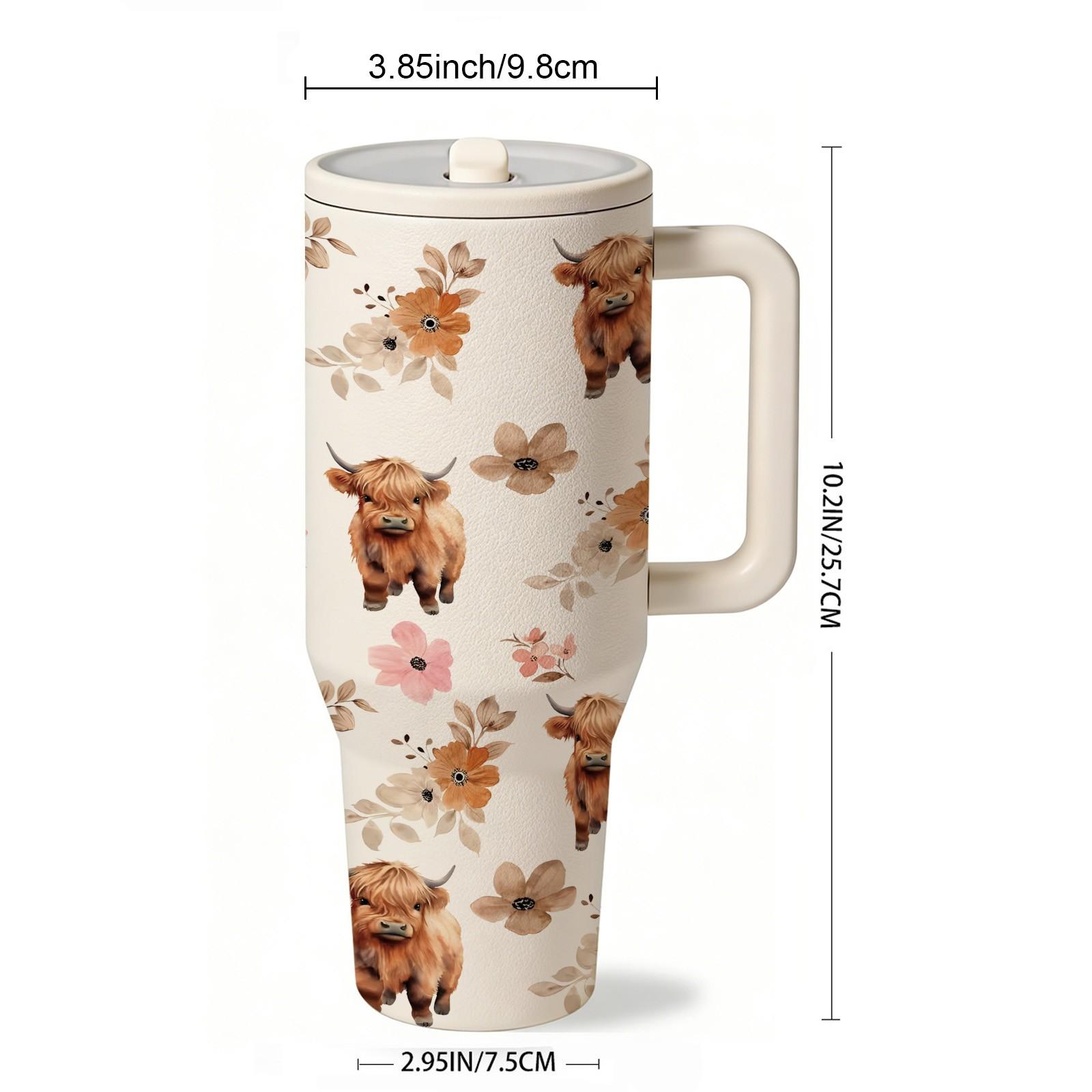 40oz Straw Handle Car Tumbler with Highland Cow Floral Print, Large Capacity Insulated Cup for Car Holder, Easy Sip Straw Lid, Comfortable Handle for Carrying, Keeps Drinks Hot or Cold for Hours, Aesthetic Country Style Design, Perfect for Daily Use, Comm