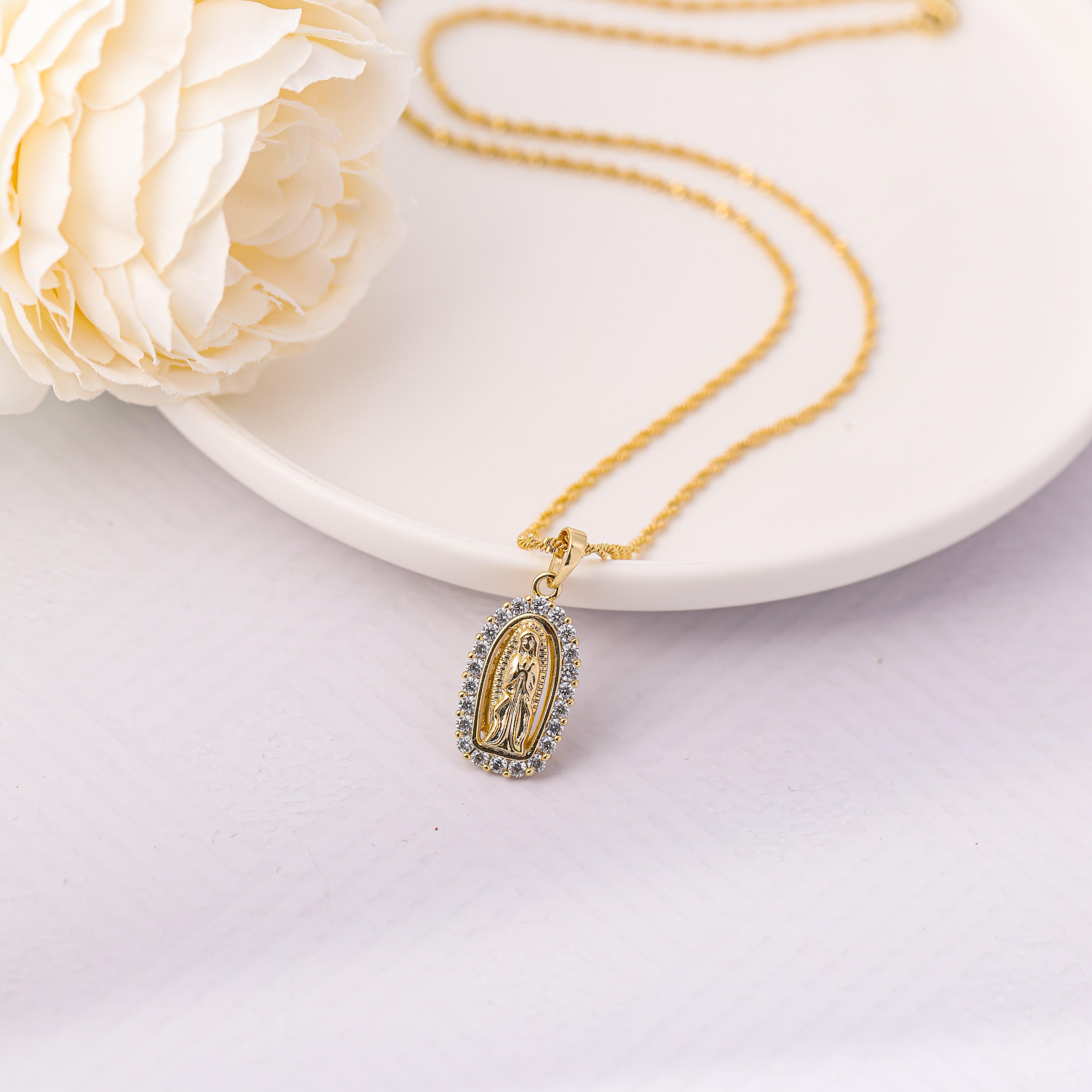 Mytys Virgin Mary Necklace CZ Cubic Zircon Pendant Double Threaded Chain Necklace Religion Jewelry for Women Modern Versatile Accessories