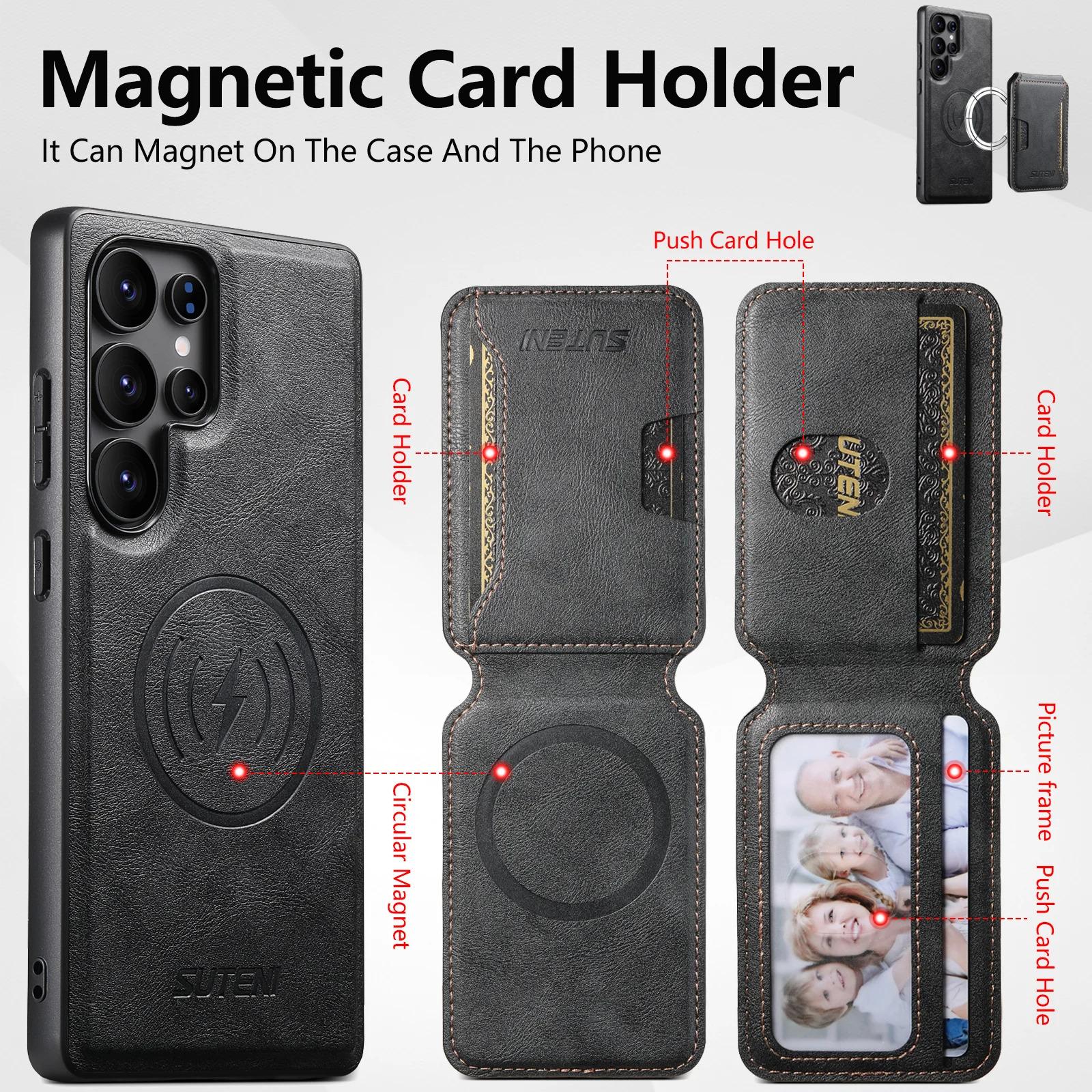 Magnet Wireless Charging Luxury Faux Leather Phone Case Card Holder Stand For Samsung Galaxy S26 Ultra S25 S24 S23 S22