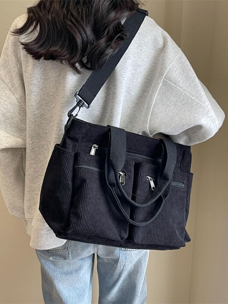 Women's Solid Color Zipper Tote Bag, Large Capacity Multi-pocket Portable Shoulder Bag, Casual Trendy Versatile High-quality Daily Commuting Bag