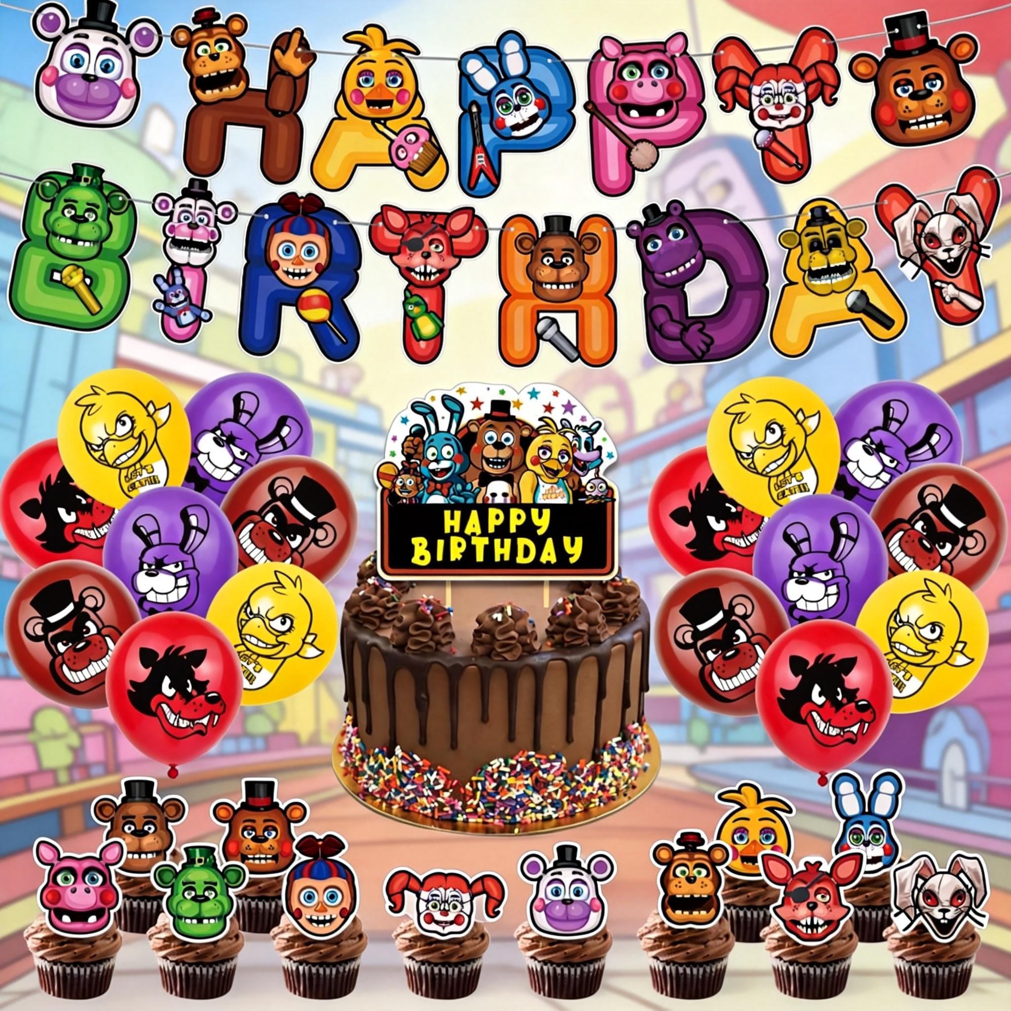 New popular FNAF Party Supplies Full Kit - FNAF Series Character Printed Balloons, Cake Insert Toppers and Happy Birthday Hanging Banner for Horror Game Themed Birthday Celebrations