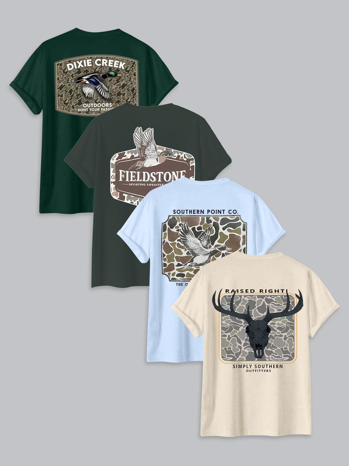 Men's Letter & Deer Print Round Neck Graphic Tee, Regular Fit Casual Short Sleeve T-shirt for Summer, Men's Top for Daily Wear, Tropical