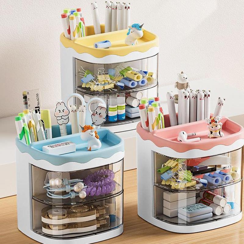 High-Value Rotating Pen Holder, Multi-Layer Transparent Storage, Cartoon Decorative Stationery, Small Item Classification Organizer, Stationary Organizer Holder